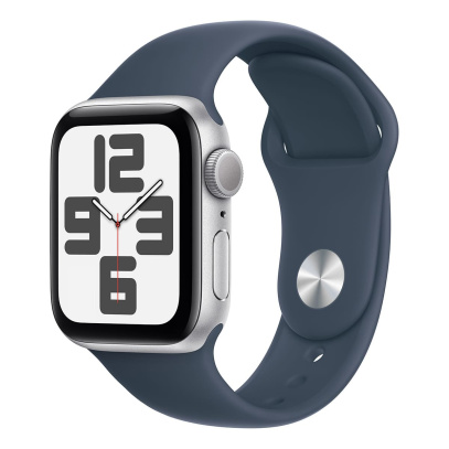 Apple Watch SE (2023), 40 мм корпус из алюминия цвета «Silver», ремешок Sport Band размера M/L цвета «Storm Blue»