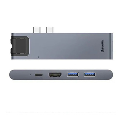 Переходник Baseus для MacBook HUB TB3 C+ (Dual Type-C to USB3.0/HDMI/Type-C/SD/Micro/LAN) (CAHUB-L0G) Deep Grey, темно-серый