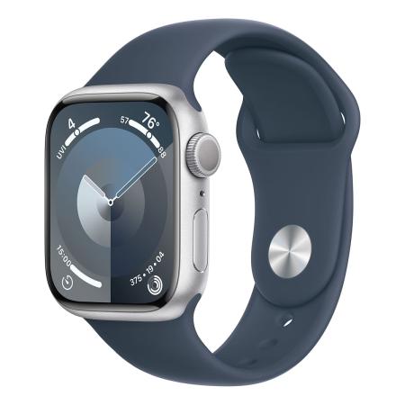 Apple Watch Series 9, 41 мм корпус из алюминия цвета «Silver», ремешок Sport Band размера S/M цвета «Storm Blue»