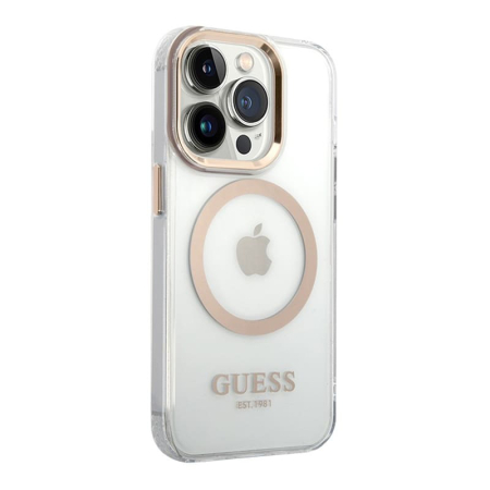 Чехол Guess для iPhone 15 Pro с MagSafe PC/TPU Metal outline Hard (GUHMP15LHTRMD) Transparent/Gold Прозрачный